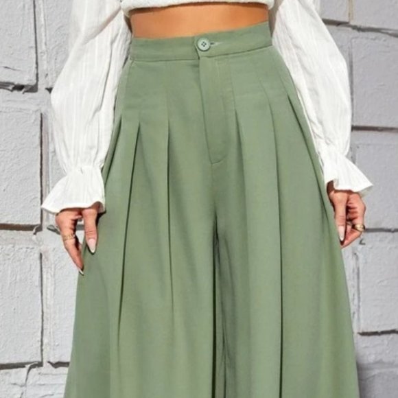 High Waist Fold Pleated Wide Leg Pants GREEN - Picture 3 of 6